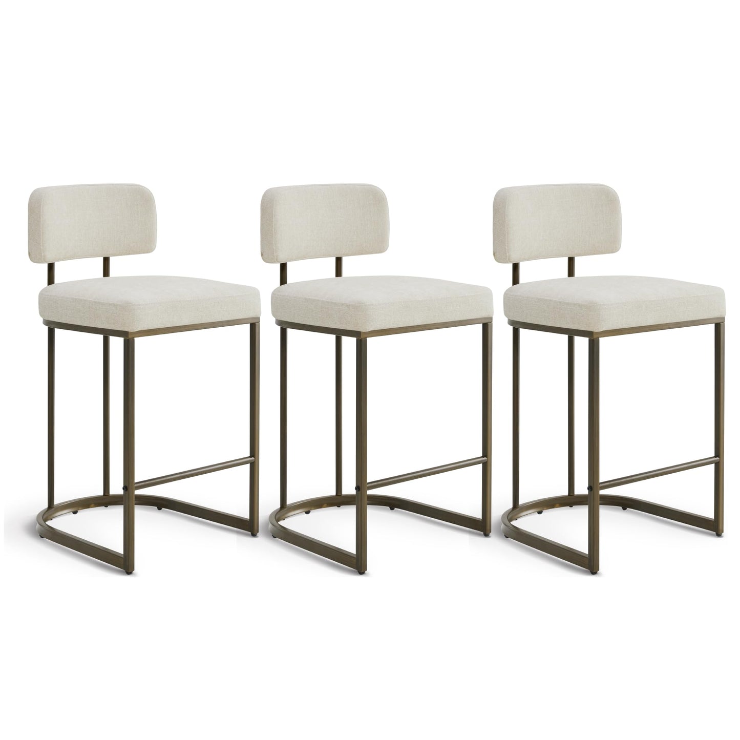 26" H Counter Height Bar Stools Set of 3, Modern Linen Fabric Upholstered Barstools with Backrest for Kitchen Island, Gold Metal Frames, Linen