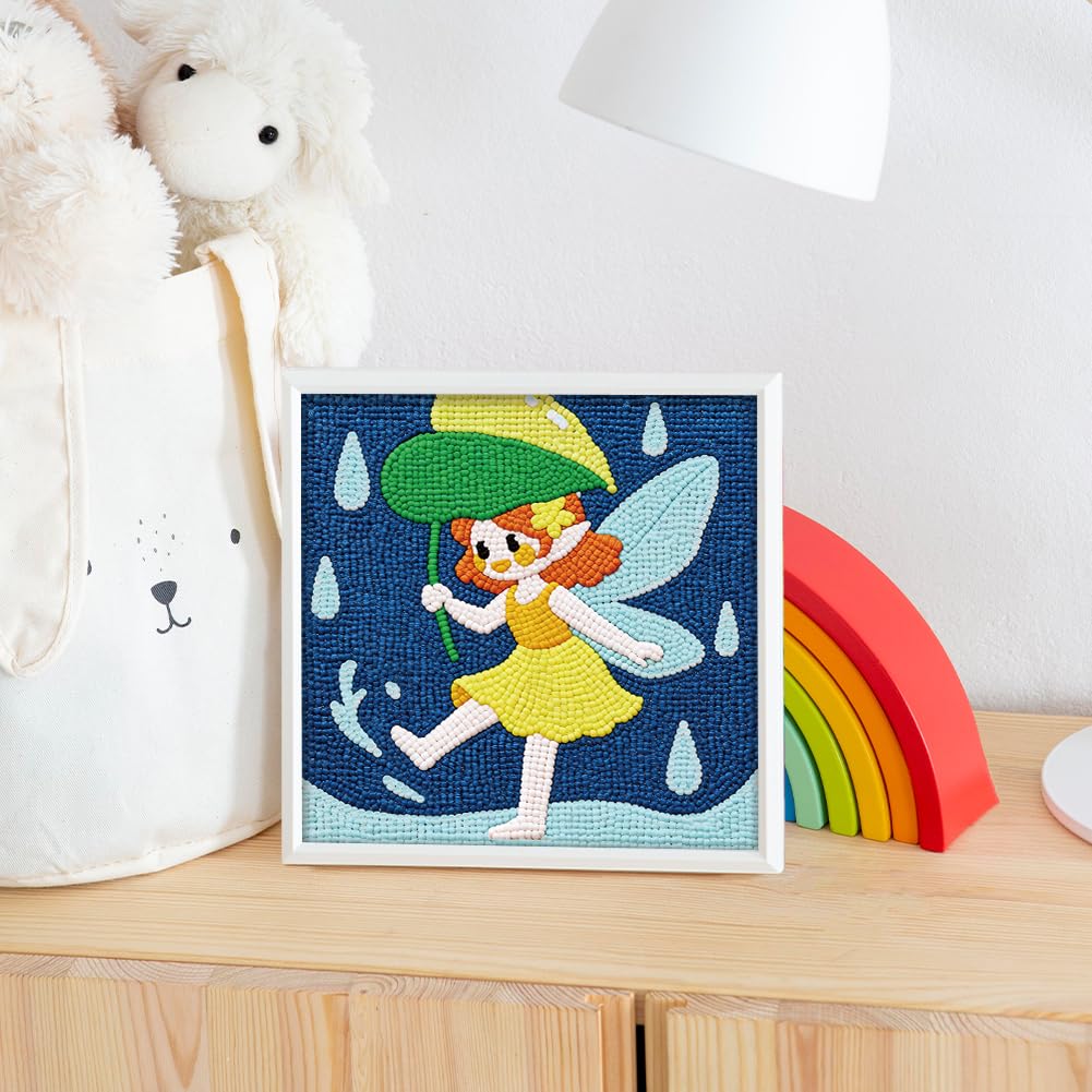 Doodlream Elf in the Summerrain Needle Kit for Beginner, 9.4"x 9.4" Cute Fairy Punch Stitching Craft Set, DIY Embroidery Starter with Printed Frame, Instruction, Threader, Yarn, Pinch Needle