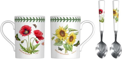 Portmeirion Botanic Garden Mug & Teaspoon Set - Ceramic Mugs & Stainless Steel Spoons - Poppy & Sunflower Motifs