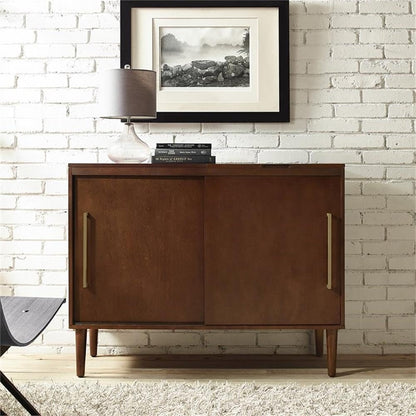 BOWERY HILL Mid-Century Media Console Table, 44 in x 18 in x 34.25 in, MDF/Birch Veneer, Mahogany Finish, Gold Metal Hardware, Hinged Top, Vinyl Record Storage, Sliding Doors, Living Room Turntable