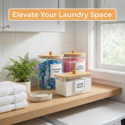Just Peachy Home Laundry Pods Containers for Organizing Dryer Sheet Holder & Laundry Jars with Lids, Labels & Scoops - Acrylic Laundry Storage Containers for Powder, Pods, Detergent, Scent Booster