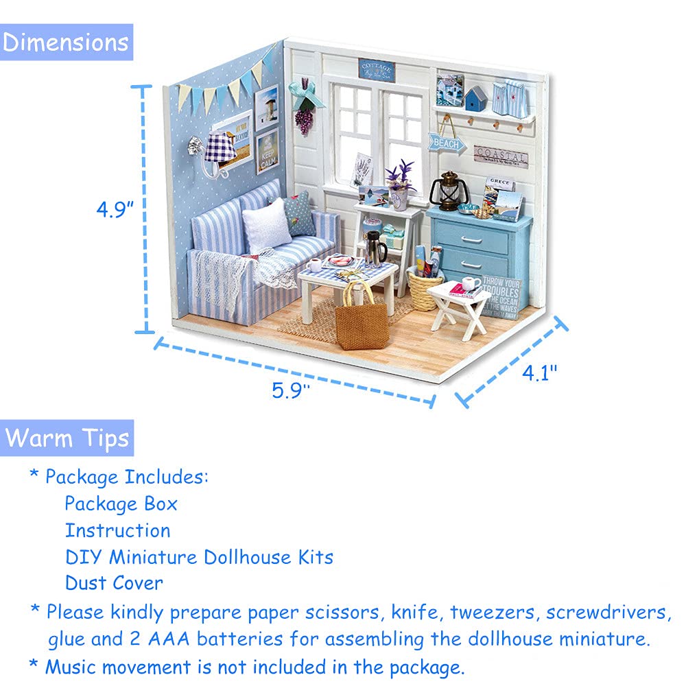TuKIIE DIY Miniature Dollhouse Kit with Furniture, 1:24 Scale Creative Room Mini Wooden Doll House Accessories Plus Dust Proof for Kids Teens Adults(Beach Cottage)