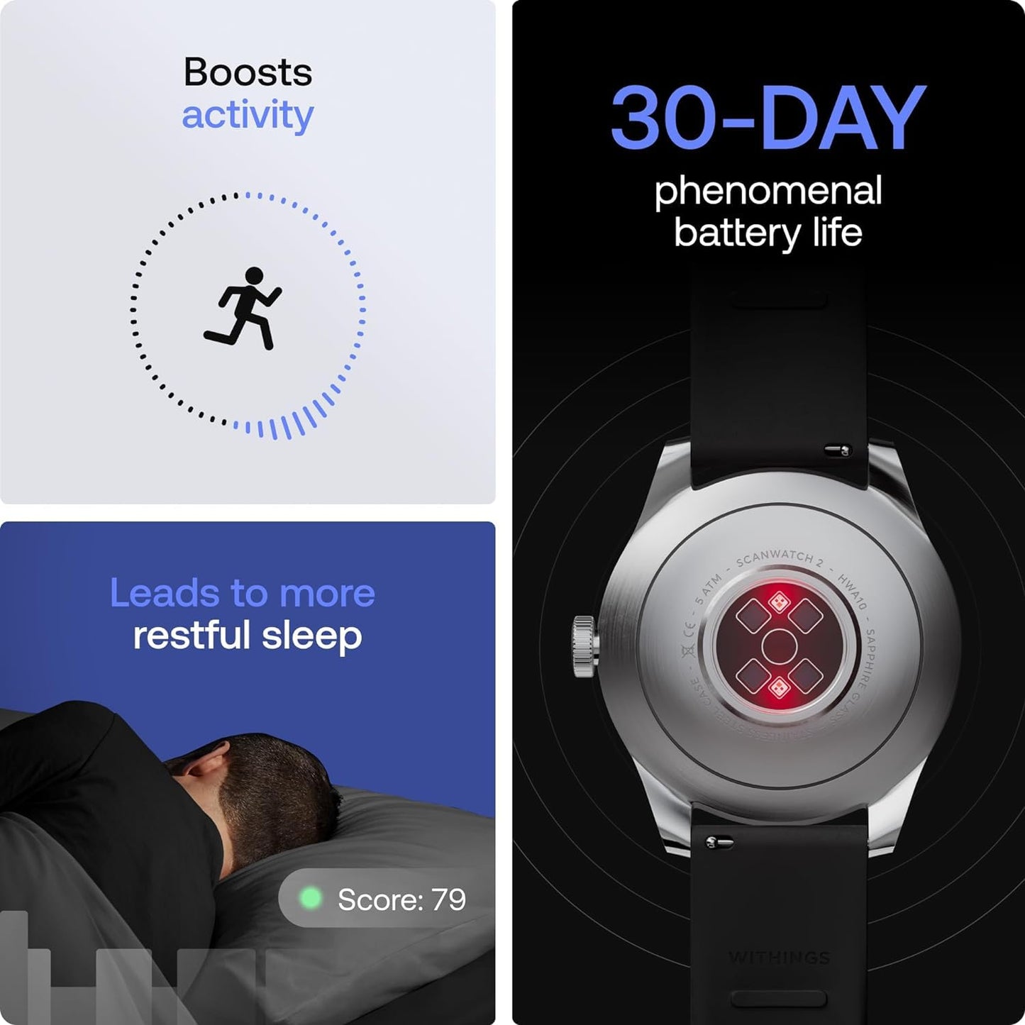 WITHINGS ScanWatch 2 - Women's Men's Health Smartwatch, ECG, SpO2, Temperature, Sleep Tracking, Respiratory Health, Waterproof, 30-Day Battery, 30-Day Battery, Android & iOS