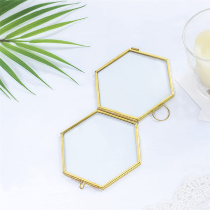 NCYP Mini Glass Floating Frame for Dried Flowers Plants, Photo - Side length 1.9 Inches - Wall Hanging Vertical Decor, Small Double Specimen Clip, Gold Hexagon (Glass Frame Only)