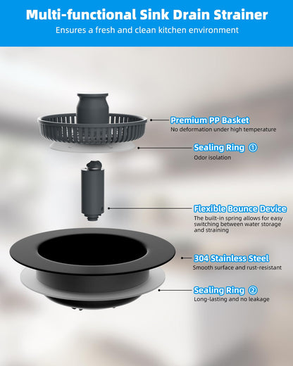 Hibbent 2 Pack 3 in 1 Kitchen Sink Drain Strainer and Stopper Combo, Stainless Steel Metal Pop Up Sink Stopper, Anti-Clogging Basket Strainer with Handle for US Standard 3-1/2 Inch Drain, Black