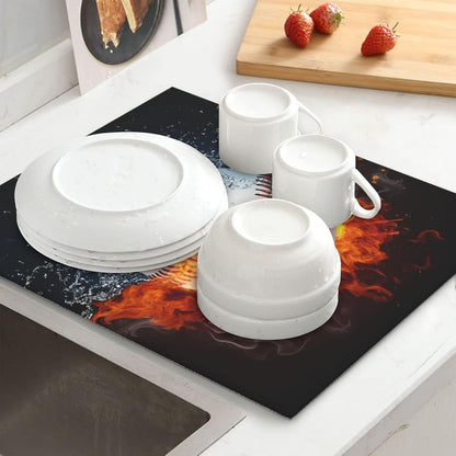 Baseball Dish Drying Mat 18x16 in, Sports-Themed Absorbent Pads with Cool Fire & Water, Drainer Mats for Kitchen Counter