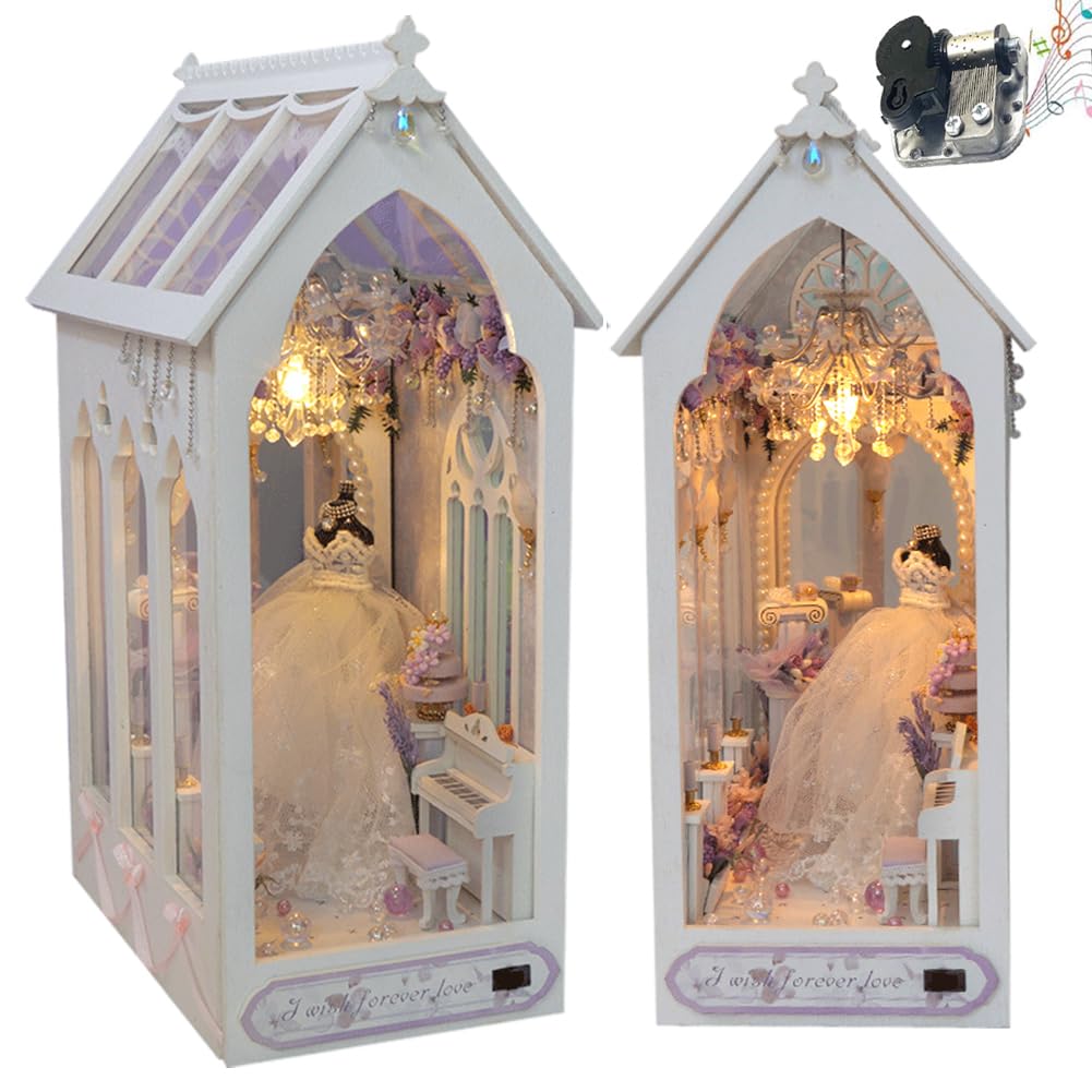 TOPBSFARNY DIY Doll House with Musical Movement, Wedding Theme Book Nook Kit, Illusion Mirror Design Miniature Dollhouse Kit, Booknook Bookshelf Desktop Decor Model Build for Adult Wedding Gift