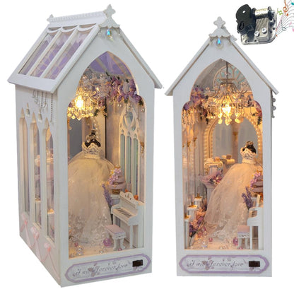 TOPBSFARNY DIY Doll House with Musical Movement, Wedding Theme Book Nook Kit, Illusion Mirror Design Miniature Dollhouse Kit, Booknook Bookshelf Desktop Decor Model Build for Adult Wedding Gift