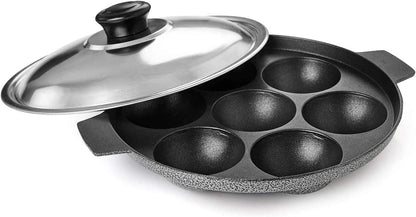 G & D Non Stick Appam Pan, 7 Pits Appam Maker with Stainless Steel Lid