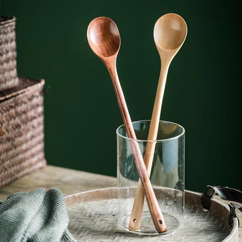 Wood Cooking spoon, 2PCS 13 inches Long Handle Spoons for Mixing,Tasting Stirring food, Large Wooden Cooking Utensils for Cooking and Crafts(Nanmu)