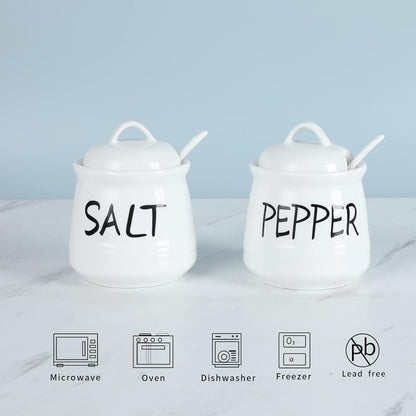 HAOTOP Salt and Pepper Bowls with Lid and Spoon - 12 oz Ceramic Cellar Set, Spice Box for Farmhouse Kitchen Decor