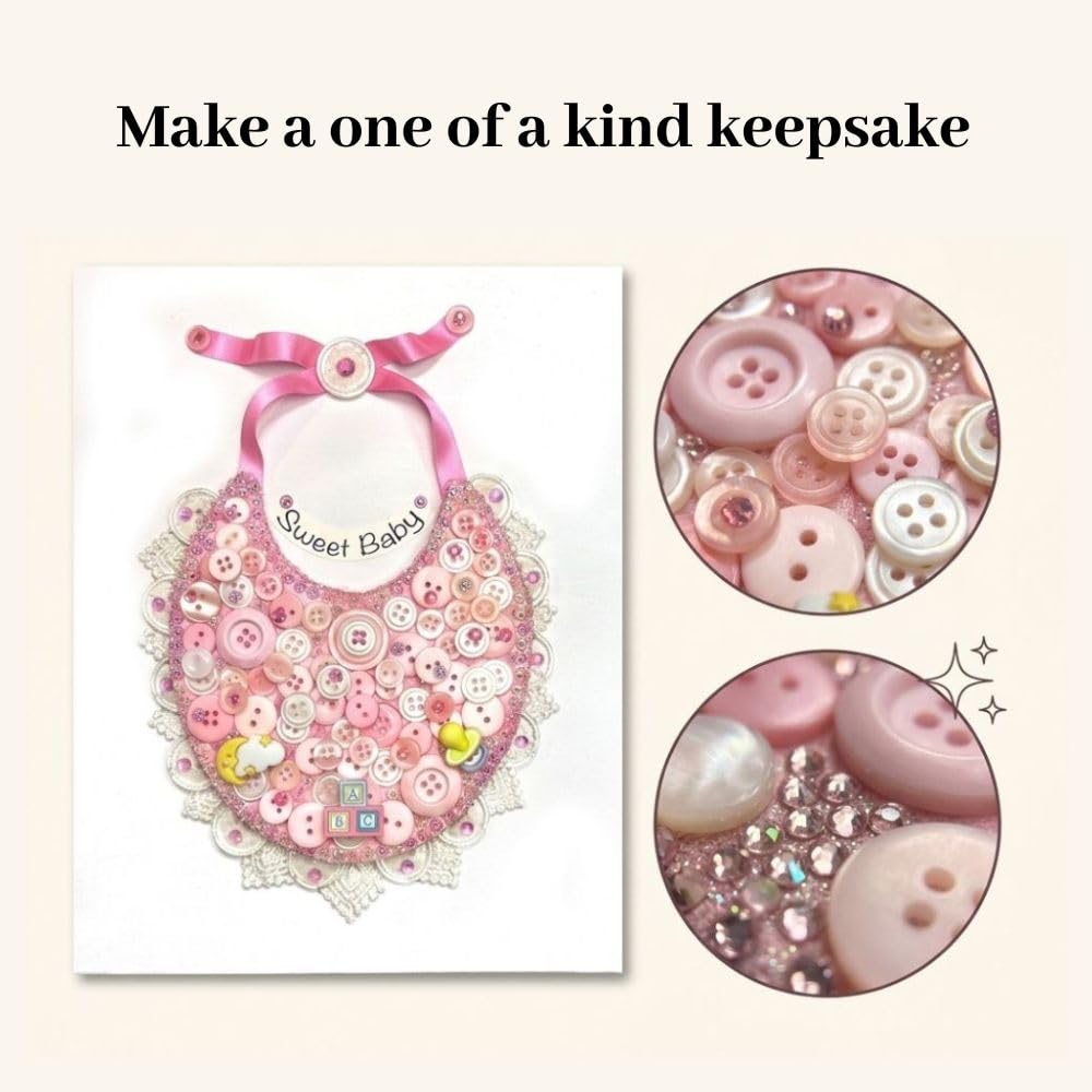 DIY Baby Bib Button Art Canvas Kit – Sweet Baby Nursery Craft Kit with Buttons, Gems & Ribbon – 8x10 Canvas Wall Decor