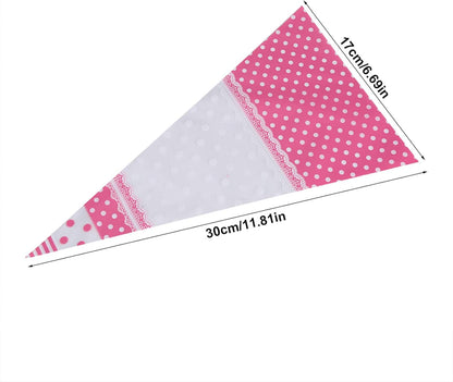 FTVOGUE 50 Piece Clear Cone-Shaped Treat Bags with Twist Ties, Cellophane Candy Bags (Pink)