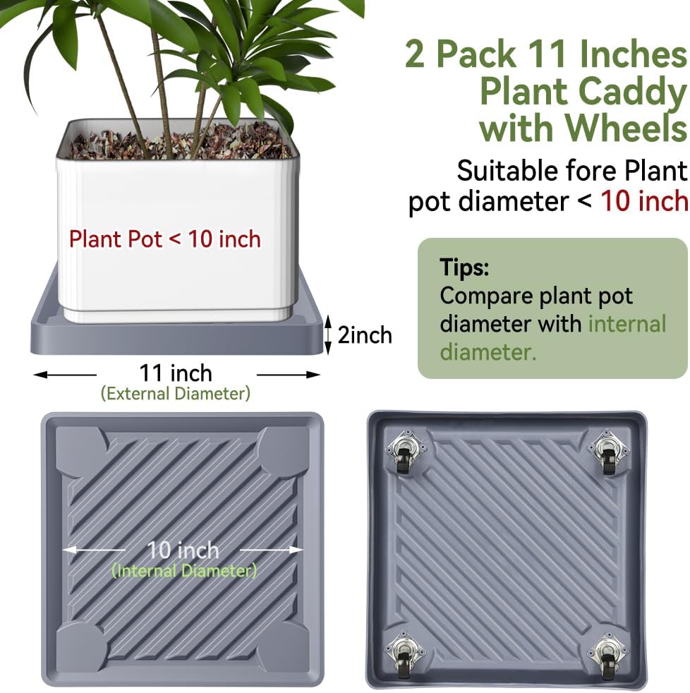 UoeRing 2 Pack-Square 11 Inch $9.9 Plant Caddy with Hidden Wheels Heavy Duty Rolling Plant Stands Indoor Outdoor Plant