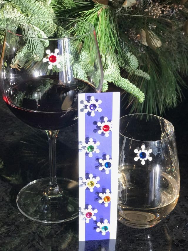 Magnetic Wine Glass Charms & Markers - Set of 8 - Crystal Snowflake for Christmas or Holiday Parties