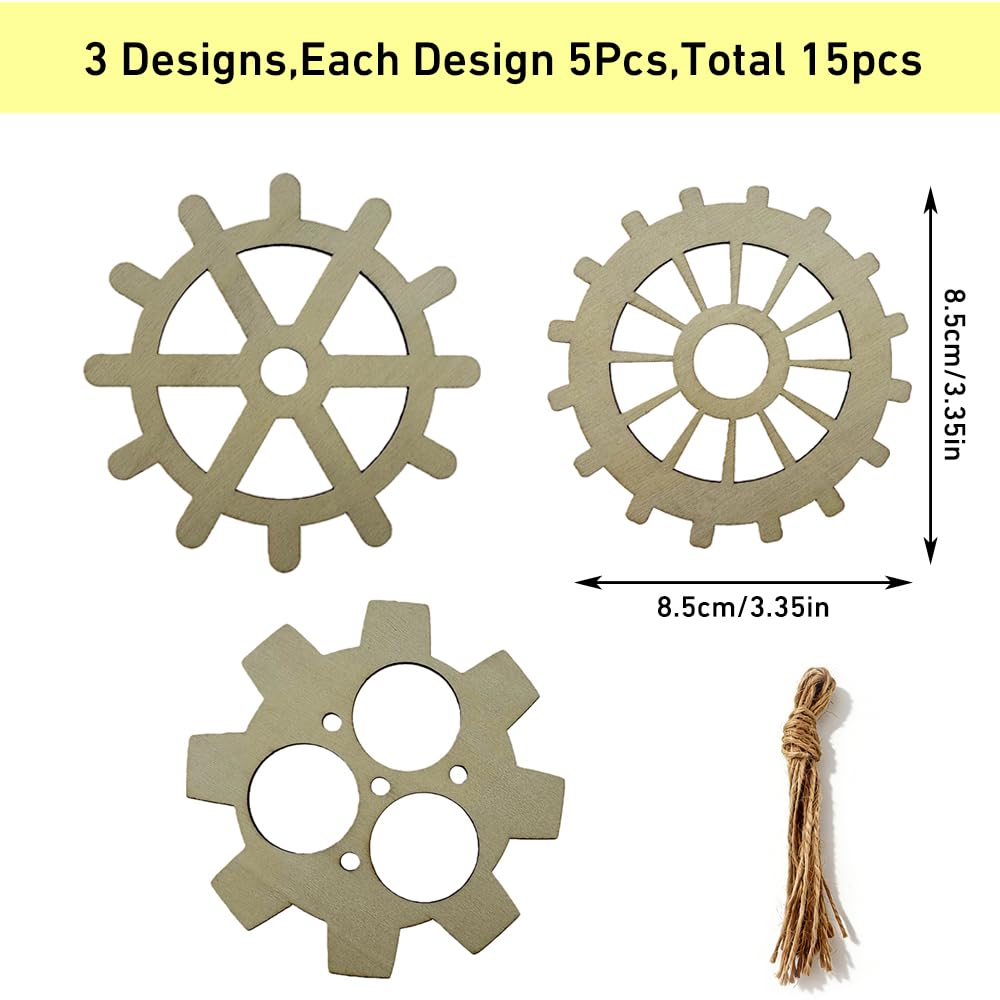 WEOSMIRA 15 PCS Wood Gear Set 3 Styles Wood Gear Cutouts Unfinished Wood Gear Crafts Decorations DIY Paint Craft Supplies Party Decoration Craft Project
