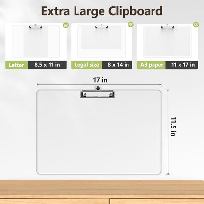 Juvealoe Extra Large Clipboard, 11 x 17 Clear Plastic Drawing Boards, Horizontal Clip Board, Landscape Layout, Suitable for Sketching, Watercolor. Drafting & Art Supply