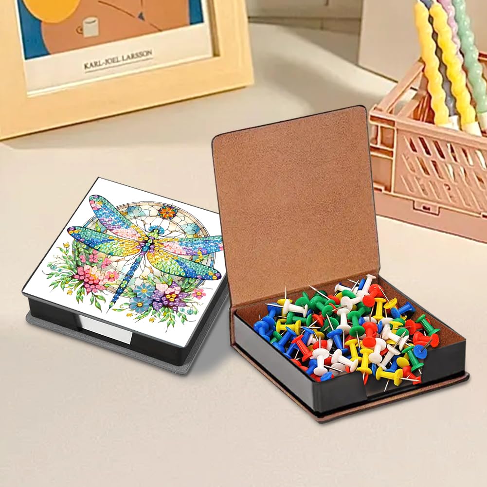 LAKEQUILL Diamond Art Painting Sticky Note Holder, Diamond Art Painting Wooden Memo Paper Storage Box, Notepad Holder with 160 Sticky Notes for Office Desk - Flower Dragonfly