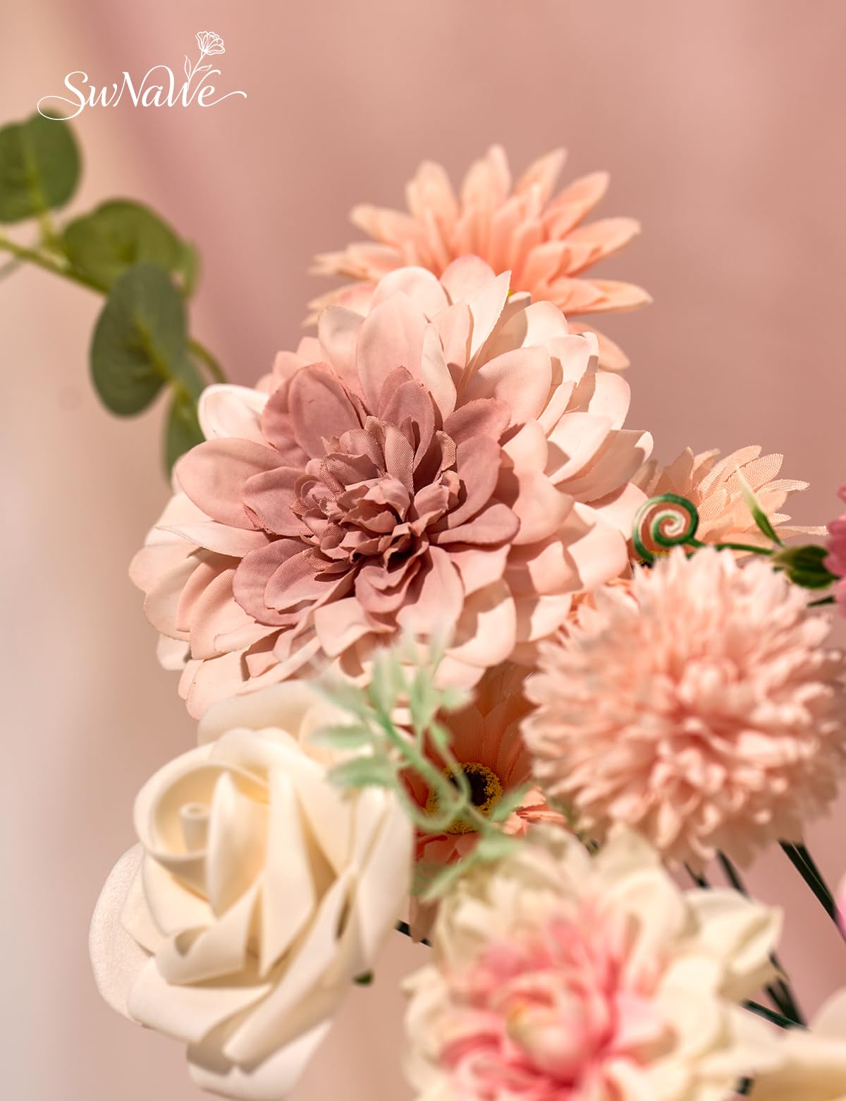 SWNAWE Pink Flowers Artificial Roses Combo Set Fake Pink Silk Flowers Faux Peony Flowers Mix Chrysanthemum Dahlia with Stems for Wedding Bouquets Baby Bridal Shower Party Floral Arrangements Decor