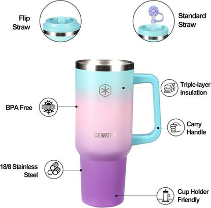 ICEWATER 40 oz Insulated Tumbler - 100% Leak Proof with 2 Lids & Handle | Cup Holder Friendly (Violet)