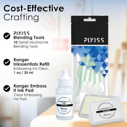 Ranger Emboss It Ink Pad, Reinker and Pixiss Blending Swabs - Clear Embossing Ink Pad with Refill (1 fl oz) - 10 Ink Blending Brush Tools - Card Making, Scrapbooking, and Jewelry Making Essentials