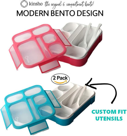 Bento Lunch Box for Kids & Adults, Leakproof Containers with 6 Compartments, BPA-Free Utensils, Blue & Pink Set