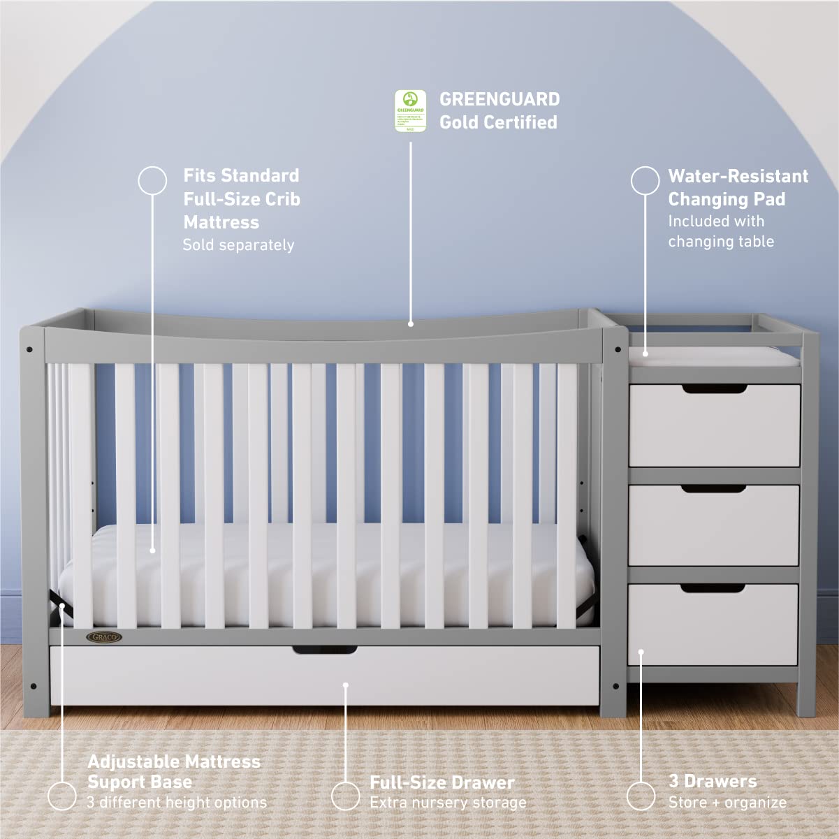Graco Remi 4-in-1 Convertible Crib & Changer – GREENGUARD Gold Certified, Fits Standard Crib Mattress, Converts to Toddler Bed and Full Bed, 4 Adjustable Mattress Heights (Pebble Gray and White)