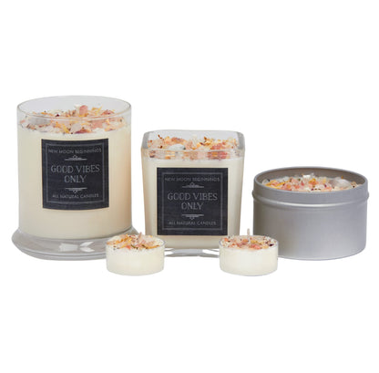 Good Vibes Only Candle by New Moon Beginnings - Negative Energy Cleansing - Soy Aromatherapy Candle - Handmade with Crystals & Herbs (12oz Round Glass Jar)