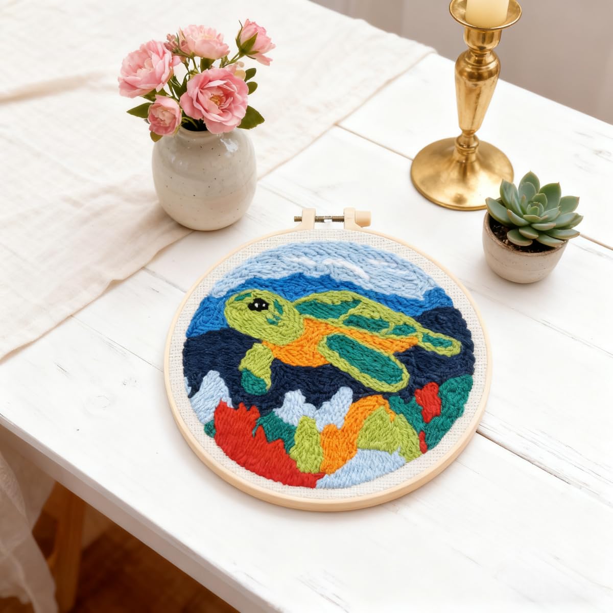 DIY Punch Needle Kits for Beginners Green Sea Turtle with Hoop Embroidery Punch Needle Starter Craft Set Easy for Adults and Children Festival Gift and Decoration 20x20cm-5