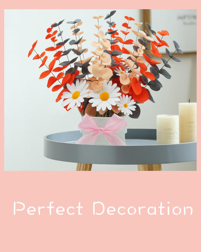 BAZIMA Felt Eucalyptus Daisy Bouquet,Felt Flowers,Multi-Color Felt Leaves,DIY Bouquet,Artificial Flower Bouquet with Flower Pot,Floral Gifts,15 Eucalyptus and 8 Daisies (Orange Gray Light Yellow)
