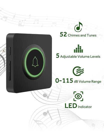 AVANTEK Wireless Doorbell D-3C, 1300 ft Long Range Door Chime Kit, 52 Melodies, Up to 115dB Volume and LED Flash with 2 Plug-In Receivers & 1 Push Button, Black