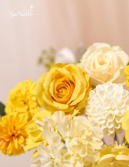 SWNAWE Yellow Flowers Artificial Roses Combo Set Fake Pink Silk Flowers Faux Peony Flowers Mix Dahlia with Stems for Wedding Bouquets Baby Bridal Shower Party Floral Arrangements Decor