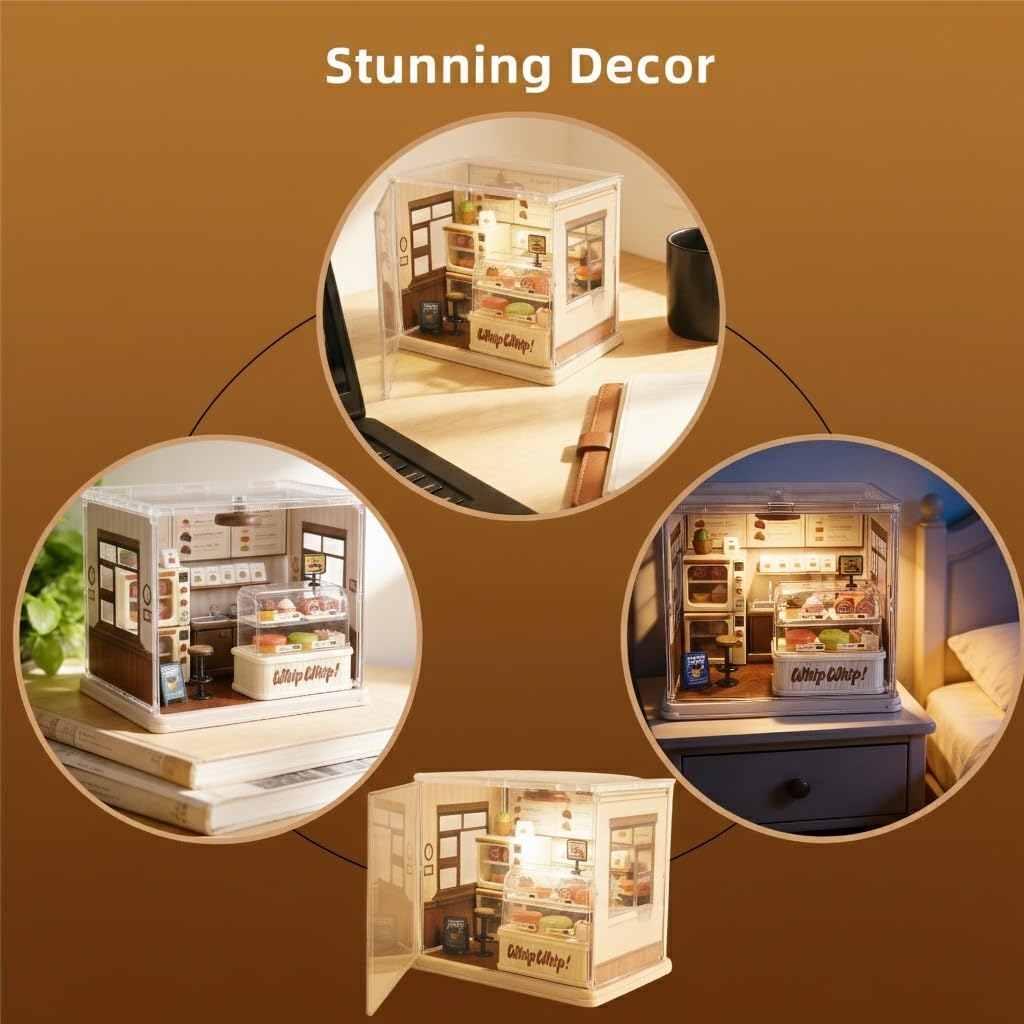 Lydaz DIY Miniature House Kit, Mini House Building Kit for Adults, Tiny House Kit with Furniture, Miniature Dollhouse Kits with Dust Cover, Craft LED Decor Birthday Gifts for Family Her(Dessert House)