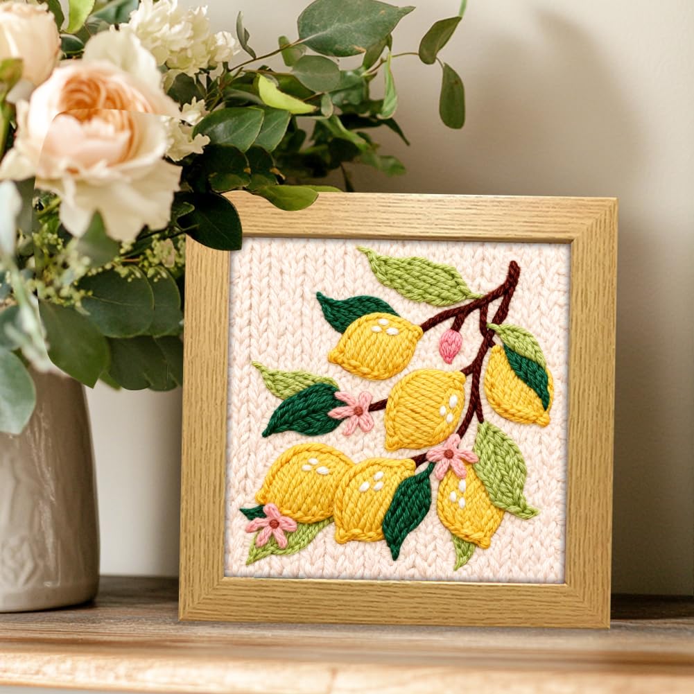 INFUNLY Lemon Flower Punch Needle Embroidery Kits Lemon Branch DIY Punch Needle Kit for Beginners Plant Stamped Rug Yarn Hooking Kit with Pre-Printed Pattern Instruction for Craft Lovers Home Decor