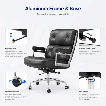 Genuine Leather Office Chair, Mid Back Executive Desk Chairs with Aluminum Arms and Wheels, Swivel Office Leather Chair with Thickened Backrest and Ergonomic Lumbar Support, Black