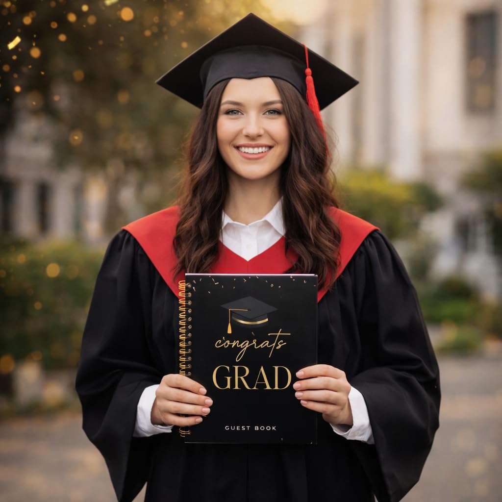 Paper 'n Such Black and Gold Graduation Guest Book, Hardcover Spiral Book with Confetti Design - Grad Party Supplies Favors