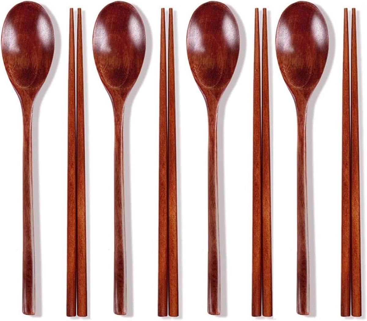 Ecloud Shop Wooden Chopsticks Spoon Set - Korean Dinnerware Reusable Long Handle Spoons for Home Kitchen (4 Sets)