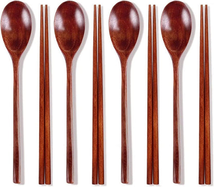 Ecloud Shop Wooden Chopsticks Spoon Set - Korean Dinnerware Reusable Long Handle Spoons for Home Kitchen (4 Sets)