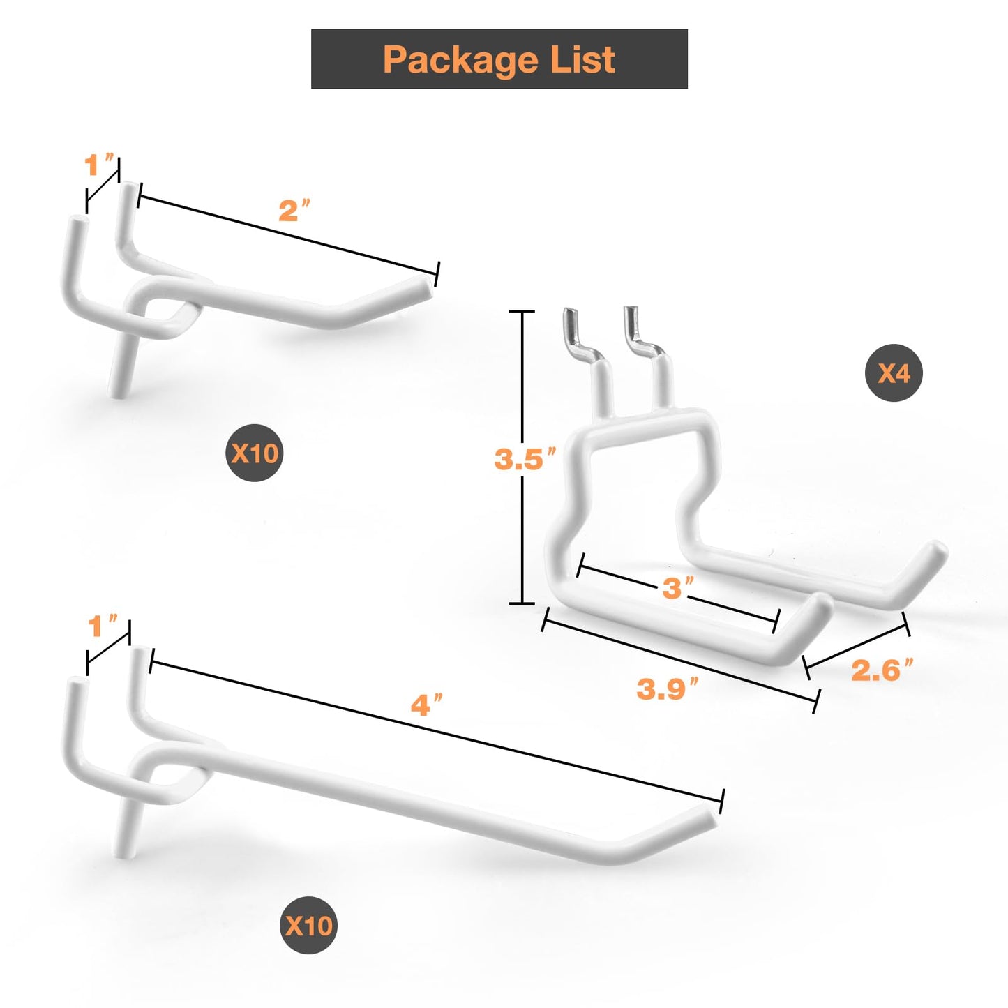 G.CORE 24-Pack Pegboard Hooks, 2" 4" Peg Board Tool Utility Hangers Fit 1/4" Pegboards, Heavy Duty Metal Shelving Brackets, Wall Organizers and Storage for Craft Room Garage Workbench Office (White)