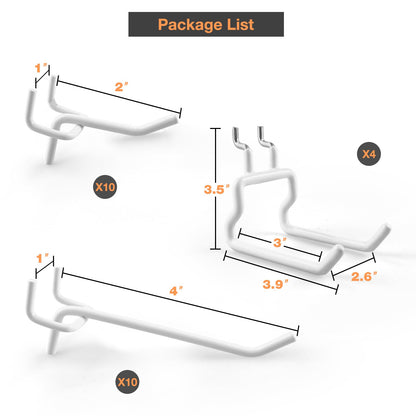 G.CORE 24-Pack Pegboard Hooks, 2" 4" Peg Board Tool Utility Hangers Fit 1/4" Pegboards, Heavy Duty Metal Shelving Brackets, Wall Organizers and Storage for Craft Room Garage Workbench Office (White)