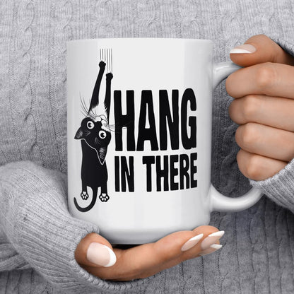 Hang in There Coffee Mug, Funny Motivational Cat Gift Cup for Friend, Coworker, Women, Men (15oz)
