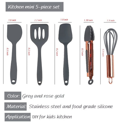 Collfa Rose Gold And Grey Mini Kitchen Utensil Small Five-Piece Set Tiny Silicone Kids Kitchen Tools Whisk Spatula Tongs Spoon And Slotted Spatula For Cooking(Kids Baking Supplies) Grey