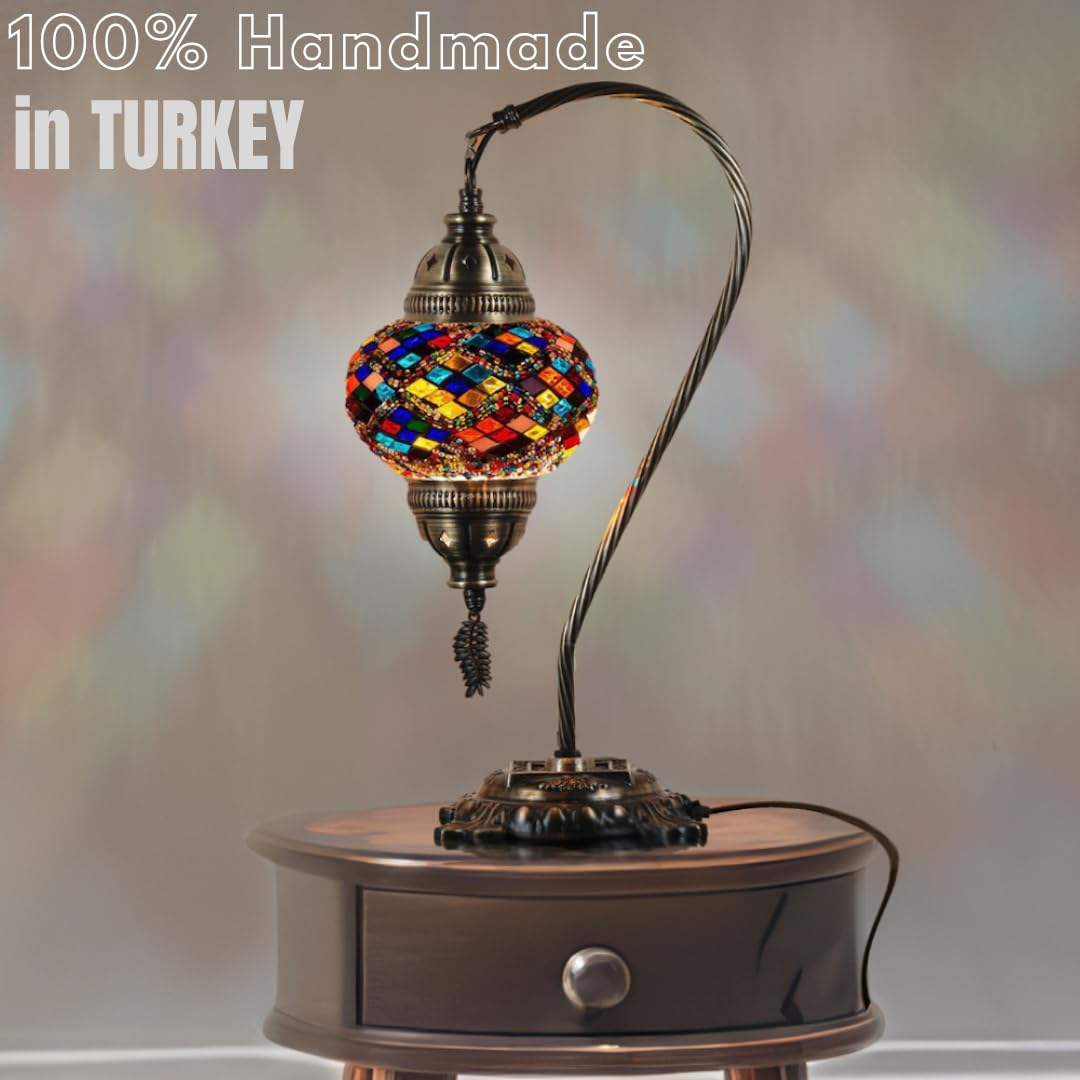 DEMMEX Turkish Table Lamp Moroccan Bedside Light Handmade Tiffany Mosaic Glass Boho Artisan Accent Lighting for Bedroom Living Room, Antique Brass Finish – 15" H, Multicolor