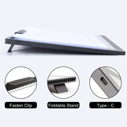 Fiqiuuiid A4 Rechargeable LED Light Pad, Tracing Light Box with 6-Level Dimmable & Light Guide artboard, Diamond Painting Light Board with Stand and Top Clip, Cordless Lightbox with Carrying Case