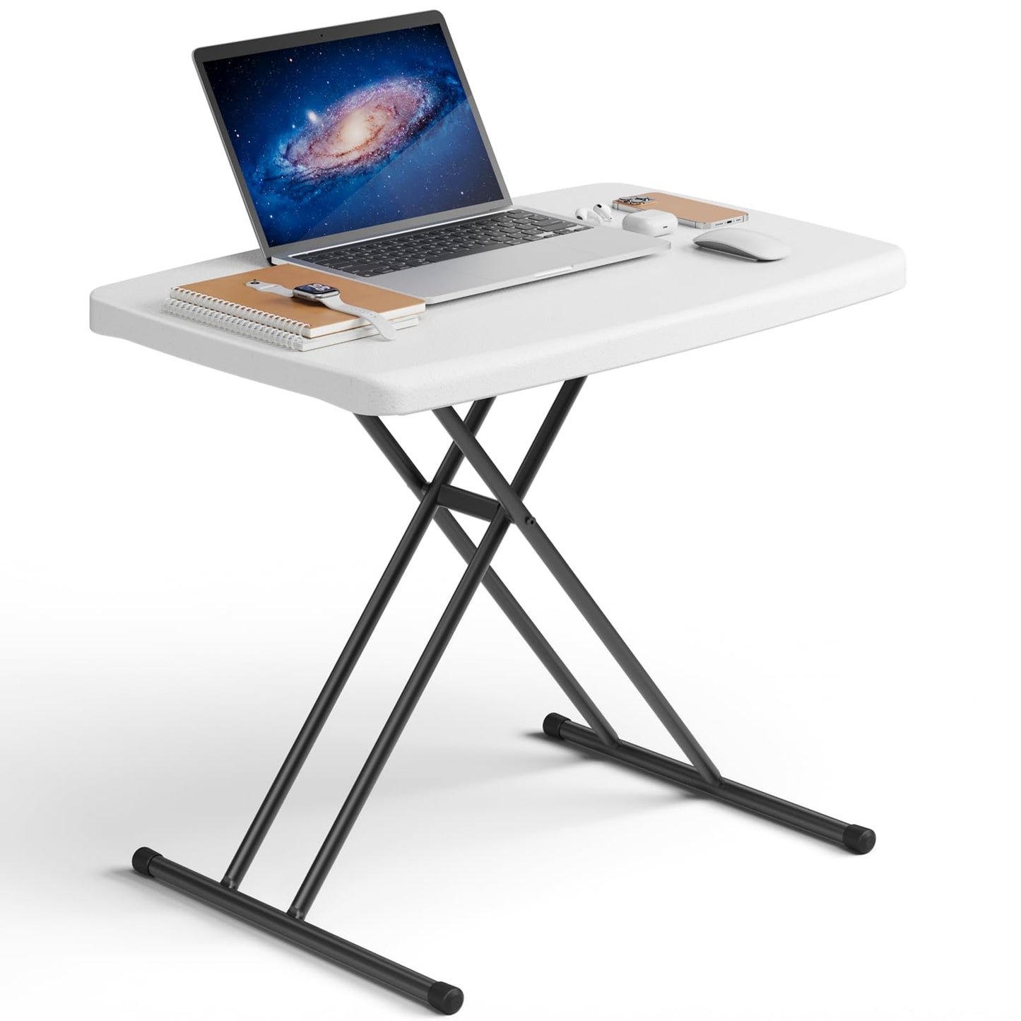 MAKE CHANGES Folding Table 30 Inch - Small Desk Adjustable Height TV Tray for Laptop, Couch, Camping - Heavy Duty Utility Foldable Table for Small Spaces, No Assembly Required, White Granite