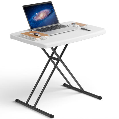MAKE CHANGES Folding Table 30 Inch - Small Desk Adjustable Height TV Tray for Laptop, Couch, Camping - Heavy Duty Utility Foldable Table for Small Spaces, No Assembly Required, White Granite