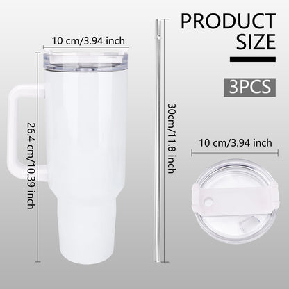 Fallhork 3 Pack 40 oz Sublimation Tumblers with Handle and Straw Lid Stainless Steel Blanks White Large Tumblers Coffee Cup for DIY Craft Heat Press Print