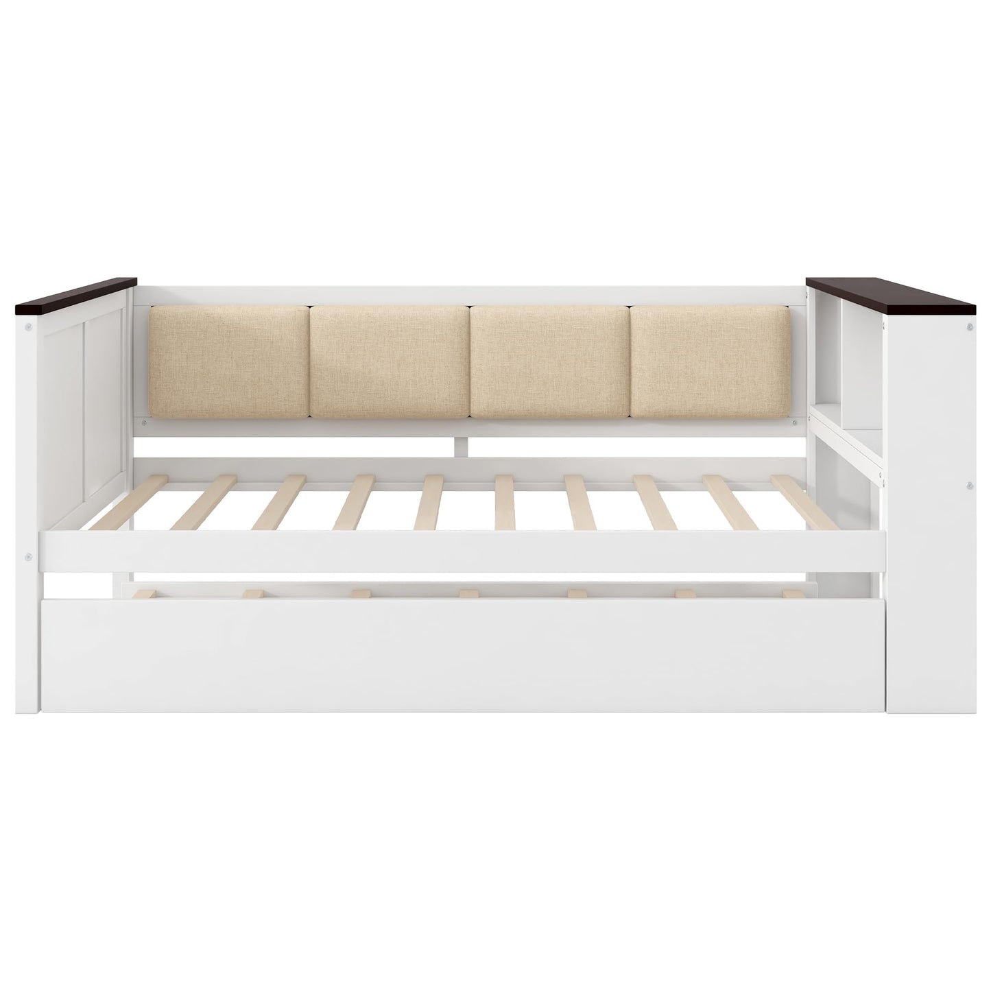 Merax Twin Size Wood Daybed with Storage Shelves, Platform Bed Frame Upholstered Backrest, USB and Trundle, Easy Assembly, White