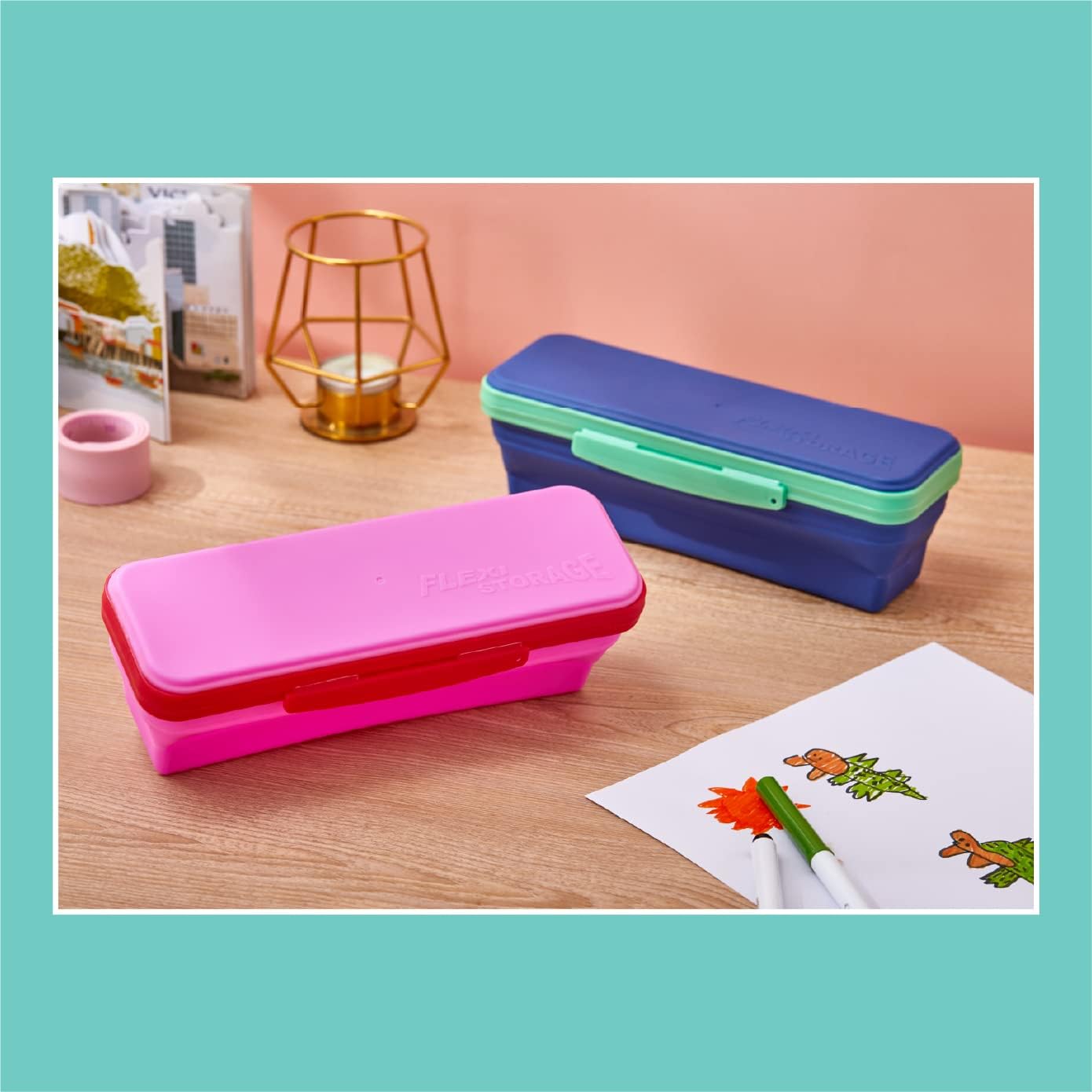 It's Academic Flexi Storage Box with Lid, Compact Collapsible Pencil Case for Craft and School Supplies, Pink and Blue,
