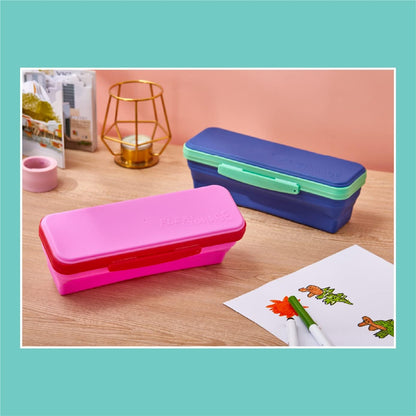It's Academic Flexi Storage Box with Lid, Compact Collapsible Pencil Case for Craft and School Supplies, Pink and Blue,